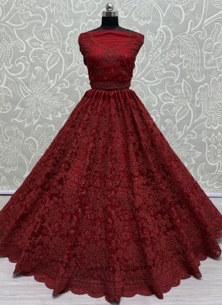 Maroon Net Dori, Embroidered, Floral Patch, Thread and Zircon Work Lehenga Choli for Ceremonial