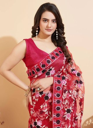 Maroon Net Embroidered Work Classic Saree for Women