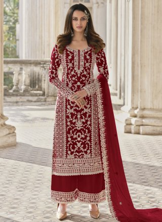 Maroon Net Embroidered Work Salwar Suit for Ceremonial