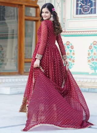 Maroon Nylon Embroidered and Sequins Work Designer Gown for Ceremonial