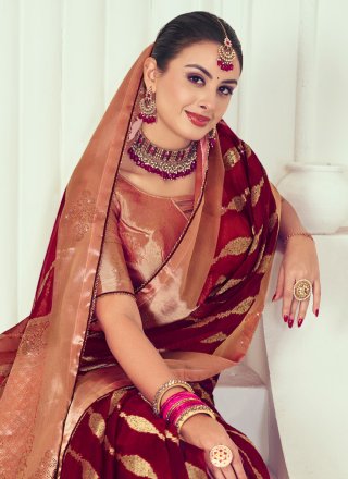 Maroon Organza Classic Saree with Weaving Work for Party