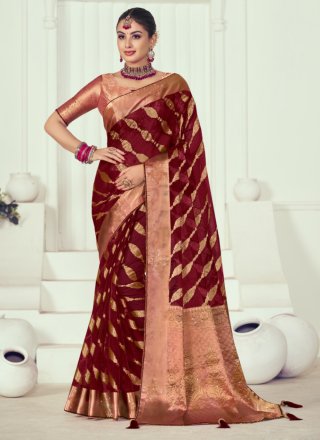 Maroon Organza Classic Saree with Weaving Work for Party