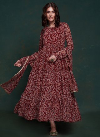 Maroon Organza Lace and Print Work  Designer Gown for Ceremonial
