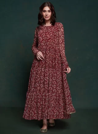 Maroon Organza Lace and Print Work  Designer Gown for Ceremonial