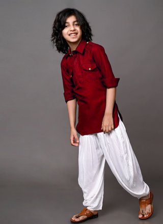 Maroon Plain Work Dupion Silk Kurta Pyjama