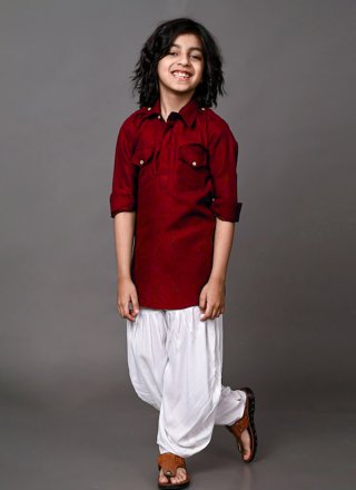 Maroon Plain Work Dupion Silk Kurta Pyjama