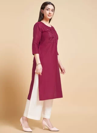 Maroon Polyester Embroidered and Sequins Work Casual Kurti
