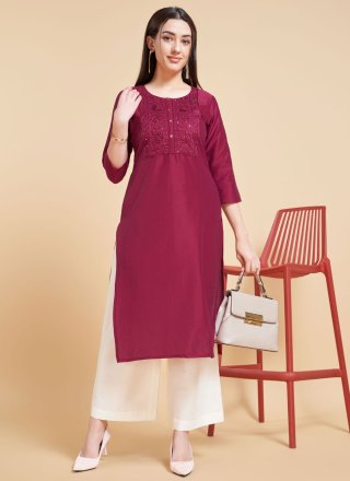 Maroon Polyester Embroidered and Sequins Work Casual Kurti