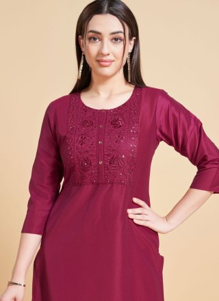 Maroon Polyester Embroidered and Sequins Work Casual Kurti