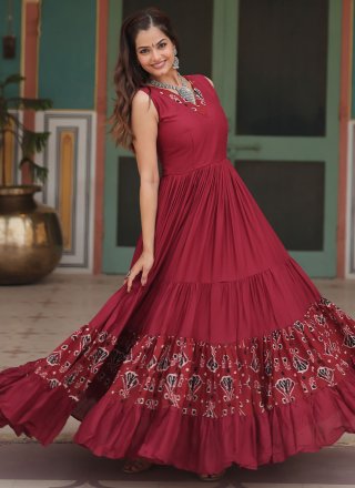 Maroon Print Work Rayon  Designer Gown