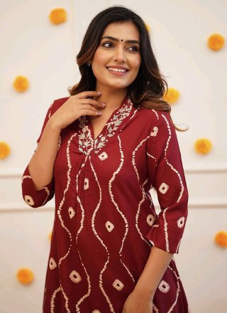 Maroon Rayon Designer Kurti with Embroidered and Print Work