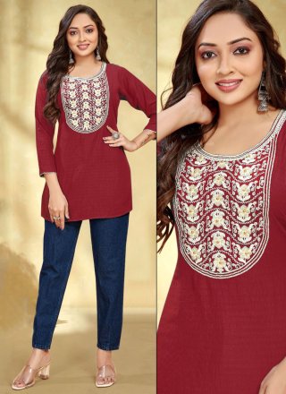 Maroon Rayon Designer Kurti with Embroidered Work for Women
