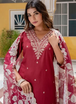 Maroon Rayon Embroidered Work Readymade Salwar Suit