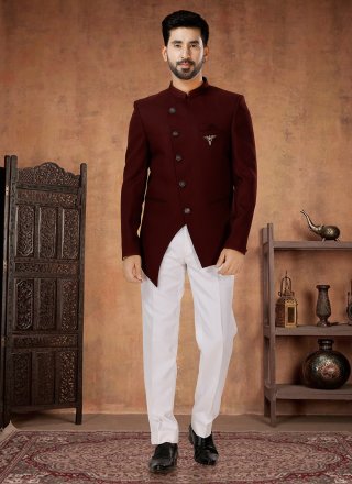 Maroon Rayon Jodhpuri Suit with Buttons Work for Men
