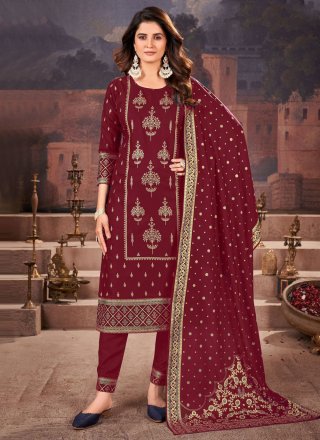 Maroon Rayon Print Work Salwar Suit for Ceremonial