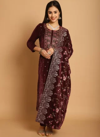 Maroon Resham Thread and Sequins Work Velvet Salwar Suit