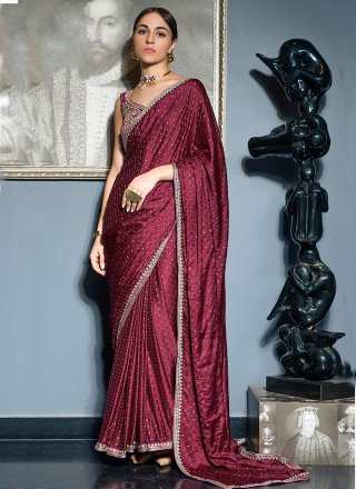 Maroon Satin Classic Sari with Floral Patch and Woven Work