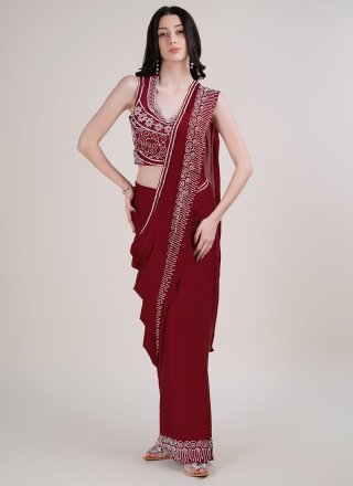Maroon Satin Silk Beads and Stone Work Contemporary Sari