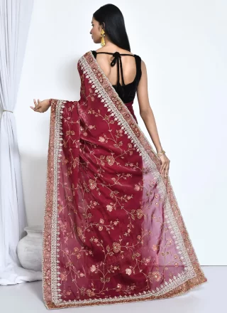 Maroon Satin Silk Embroidered and Sequins Work Trendy Saree for Ceremonial