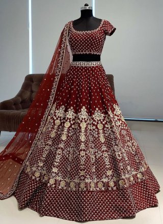 Maroon Satin Silk Embroidered, Sequins, Thread and Zari Work Lehenga Choli for Women