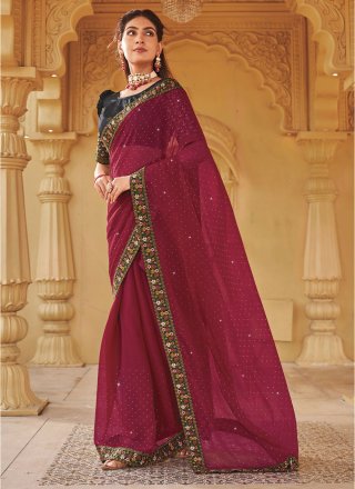 Maroon Embroidery Work Shimmer Lycra Designer Party Wear Saree