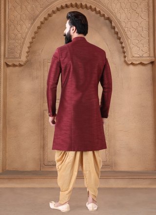Maroon Silk Buttons and Plain Work Sherwani Mens Wear