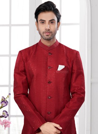 Maroon Silk Buttons, Machine Embroidery, Stone and Thread Work Indo Western