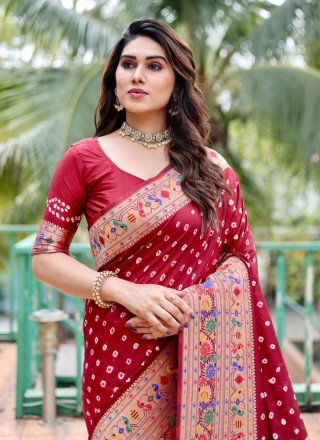 Maroon Silk Classic Saree with Bandhej and Weaving Work for Women