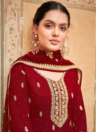 Maroon Silk Embroidered, Thread and Zari Work Salwar Suit