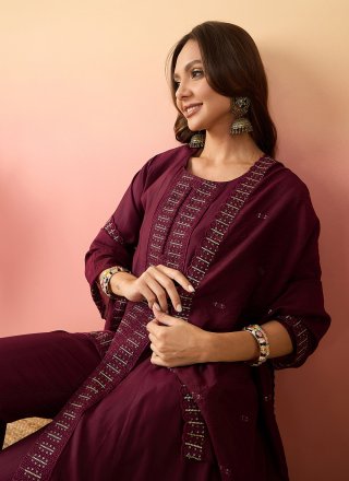 Maroon Silk Embroidered Work Pant Style Suit for Ceremonial