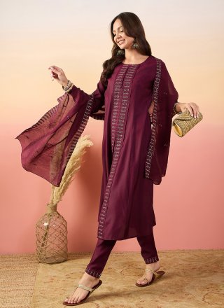 Maroon Silk Embroidered Work Pant Style Suit for Ceremonial