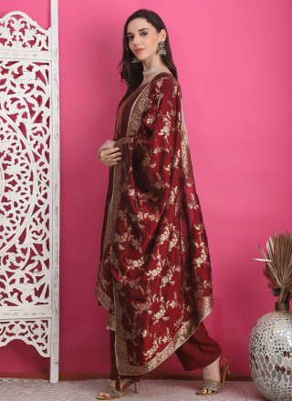 Maroon Silk Jacquard Work Pant Style Suit for Casual