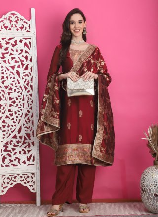 Maroon Silk Jacquard Work Pant Style Suit for Casual