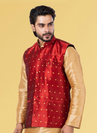 Maroon Silk Nehru Jackets with Jacquard Work for Men