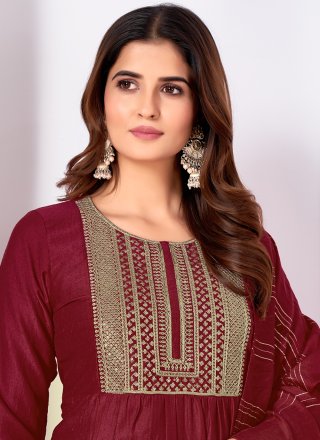 Maroon Silk Pant Style Suit with Embroidered and Sequins Work
