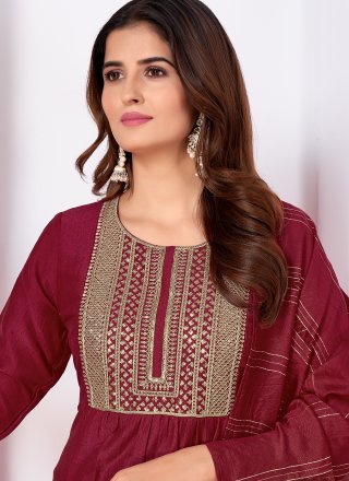 Maroon Silk Pant Style Suit with Embroidered and Sequins Work