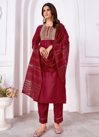 Maroon Silk Pant Style Suit with Embroidered and Sequins Work