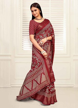 Maroon Silk Patch Border and Zari Work Classic Sari for Women