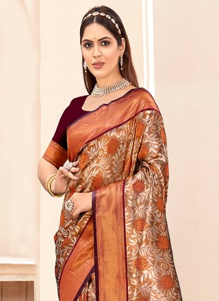 Maroon Silk Print and Woven Work Classic Sari