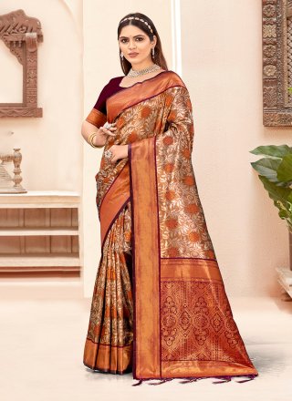 Maroon Silk Print and Woven Work Classic Sari