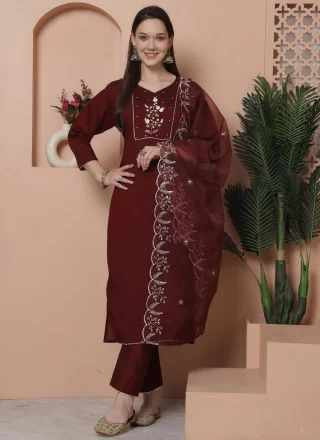 Maroon Silk Readymade Salwar Suit with Embroidered Work for Women