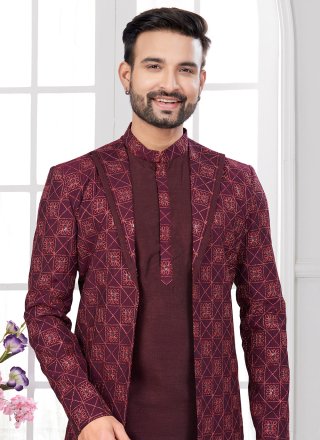 Maroon Silk Sherwani Mens Wear with Buttons, Machine Embroidery and Thread Work