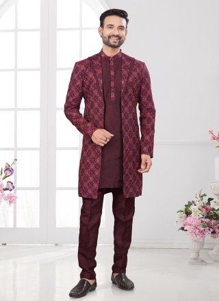 Maroon Silk Sherwani Mens Wear with Buttons, Machine Embroidery and Thread Work