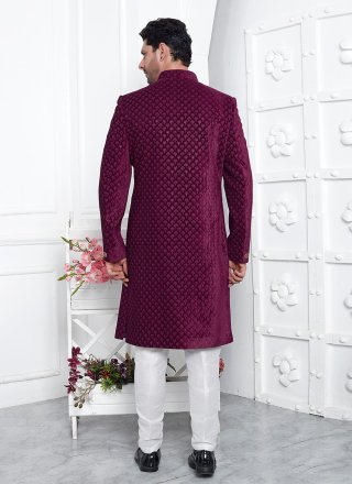 Maroon Silk Sherwani Mens Wear with Machine Embroidery and Thread Work for Men
