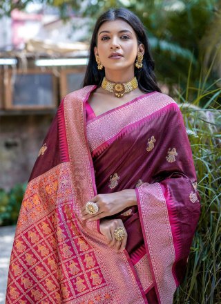 Maroon Tussar Silk Classic Sari with Woven and Zari Work