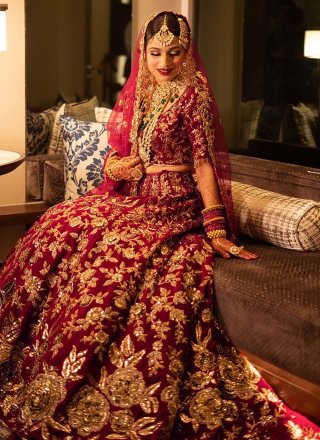 Stunning Maroon Floral Print Organza Silk Wedding Lehenga Ch