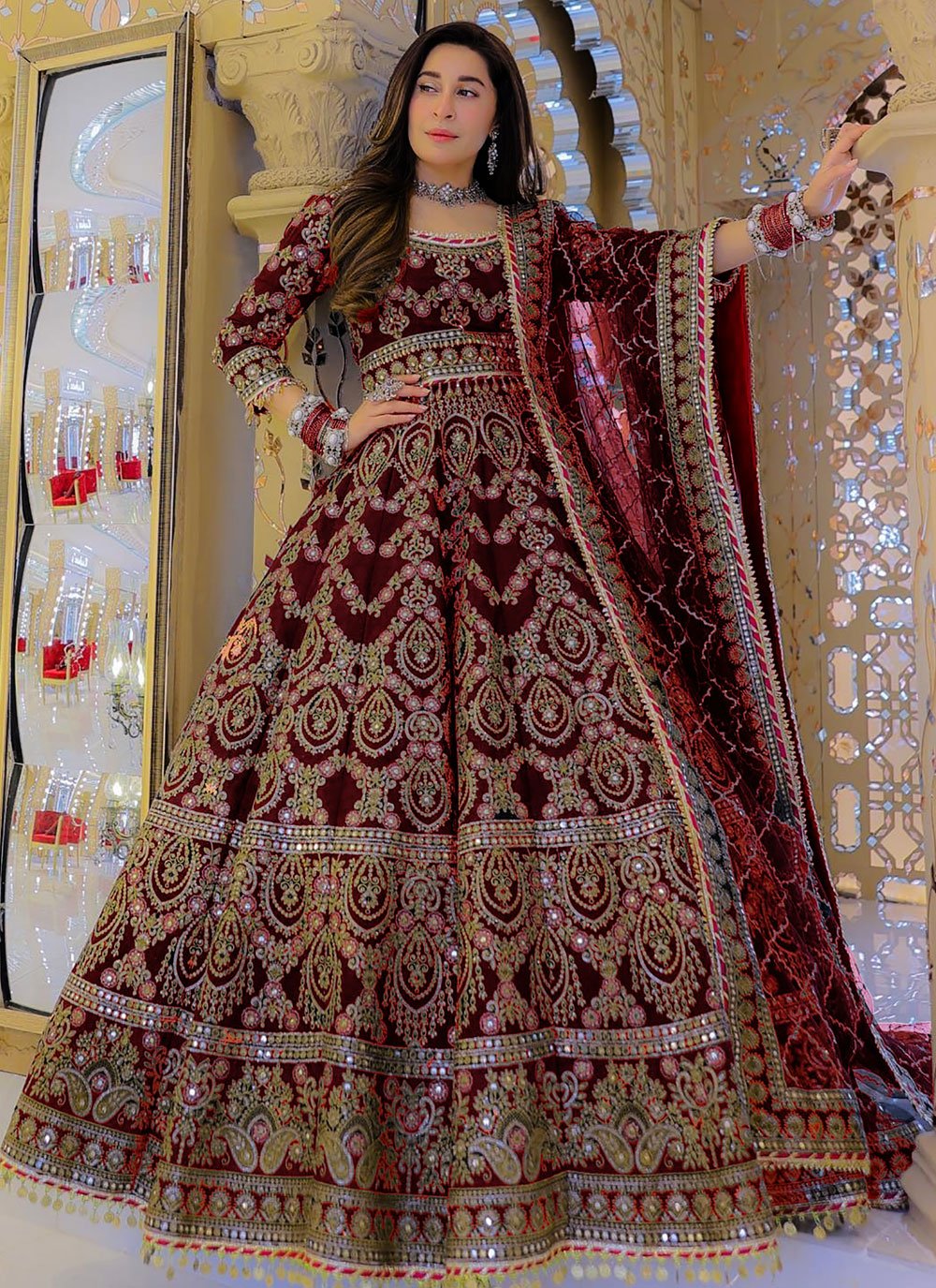 Buy Maroon Velvet Dori, Embroidered, Sequins and Stone Work A - Line ...