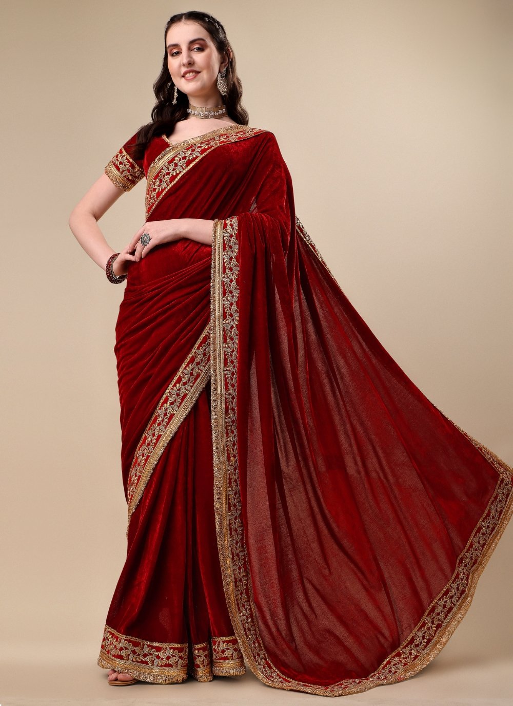 Alluring Embroidered Velvet Maroon Classic Designer Saree