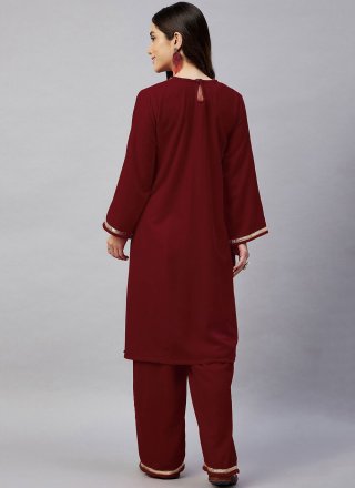 Maroon Velvet Embroidered Work Party Wear Kurti