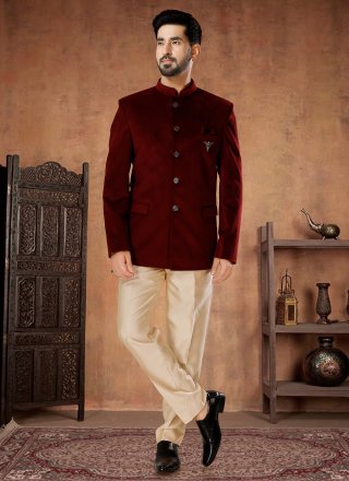 Maroon Velvet Jodhpuri Suit with Buttons Work for Engagement